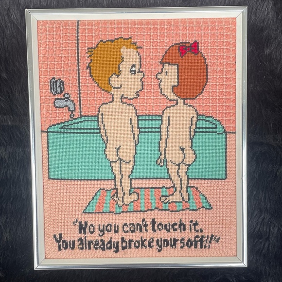 Other - “Cheeky” UNIQUE VTG 80s boy and girl bathroom humor needlepoint embroidery